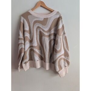 Pink Lily Swirl Print Oversized Sweater Knit Top Beige Cream Women's XL